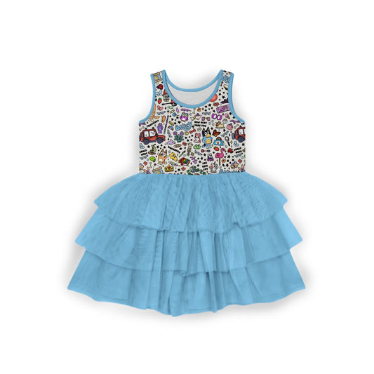 Blue Pup Doodle Tulle Bamboo Dress