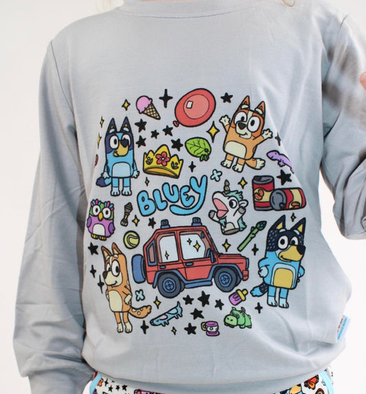 Blue Pup Doodle Crewneck Bamboo French Terry Pulllover