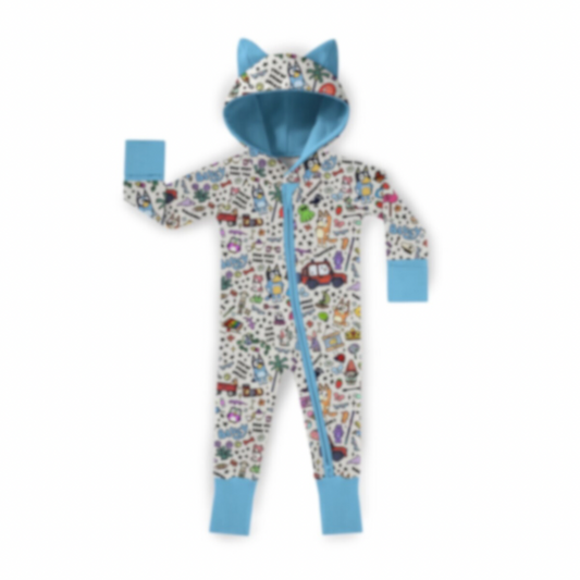 Blue Pup Doodle Hooded Bamboo Zippy Pajamas