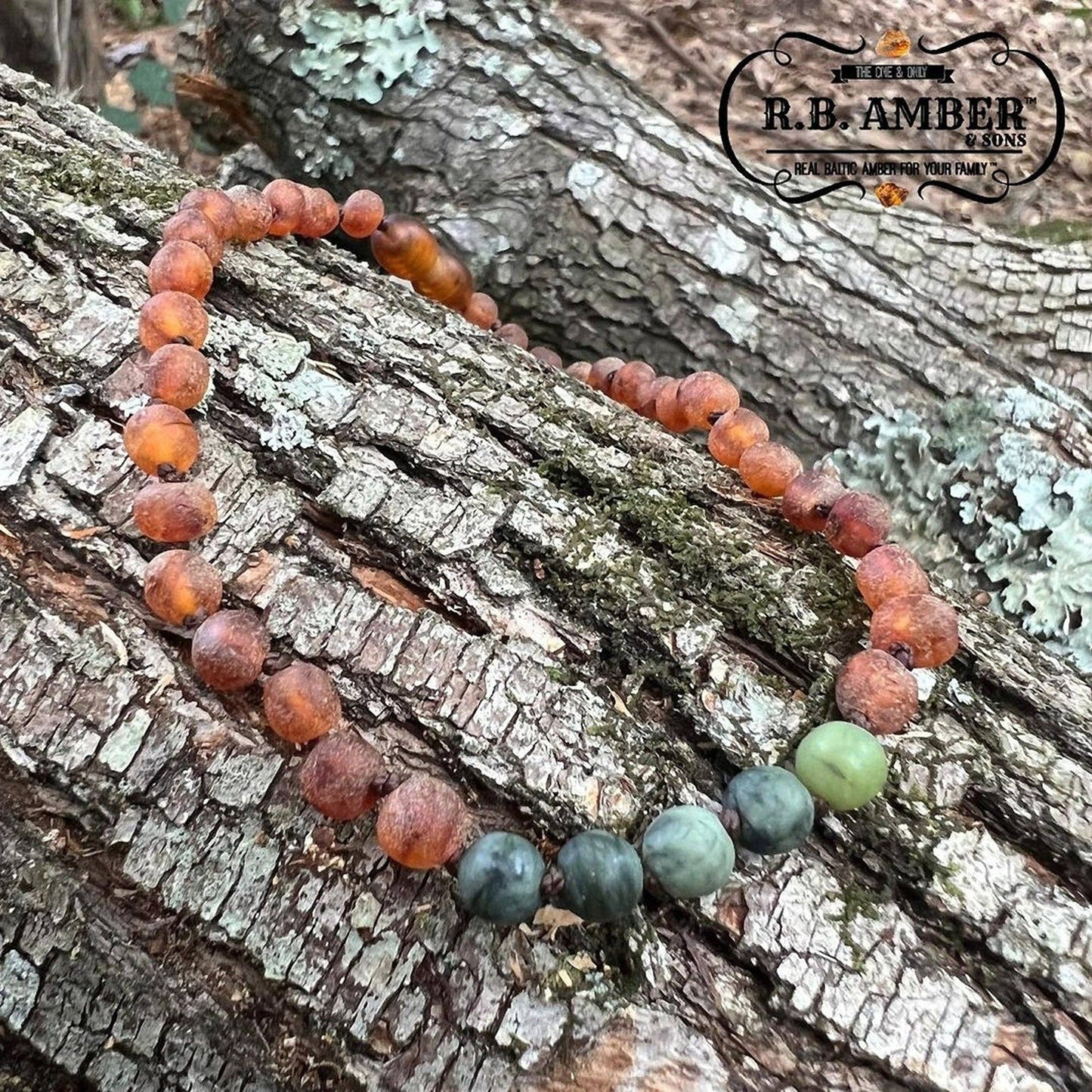 Green Jade + Raw Cognac Amber Necklace