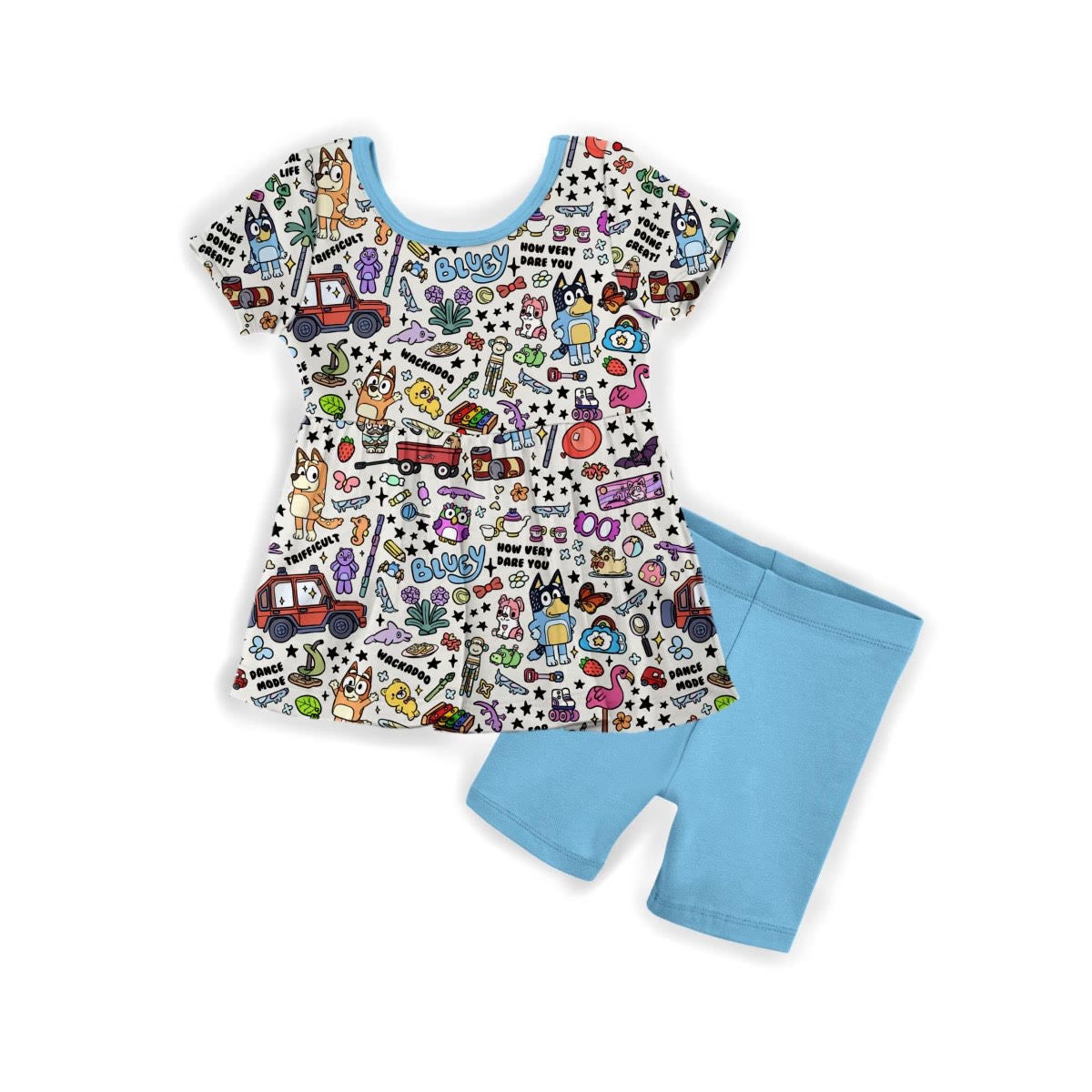 Blue Pup Doodle Tank Peplum & Biker Shorts Set